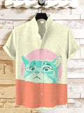 Men's Colorblock Geometry Cat Art Print Short Sleeve Casual Shirt