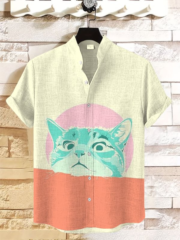 Men's Colorblock Geometry Cat Art Print Short Sleeve Casual Shirt
