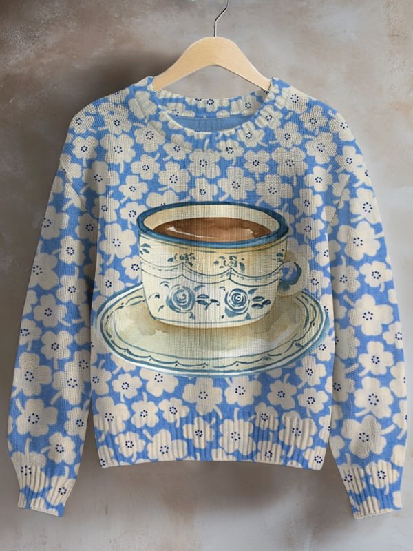 Women's Flowers Coffee Watercolor Art Print Knit Sweatshirt