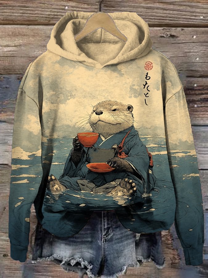 Women's River Kimono Otter Tasting Tea Japanese Art Print Hoodie