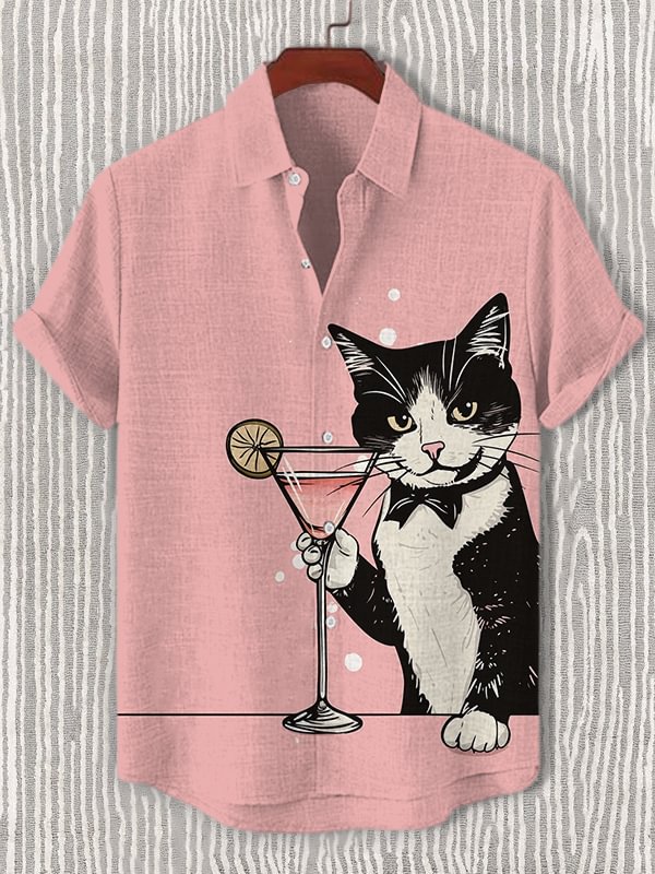 Men's Cat Cheers Cocktail Art Print Casual Shirt