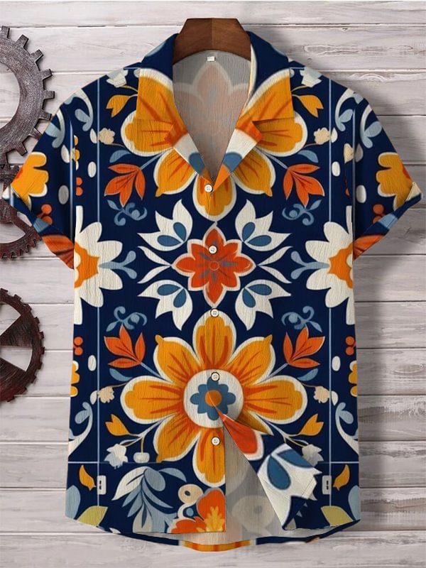 Men's Flower Pattern Mexican Art Casual Linen Blend Shirt