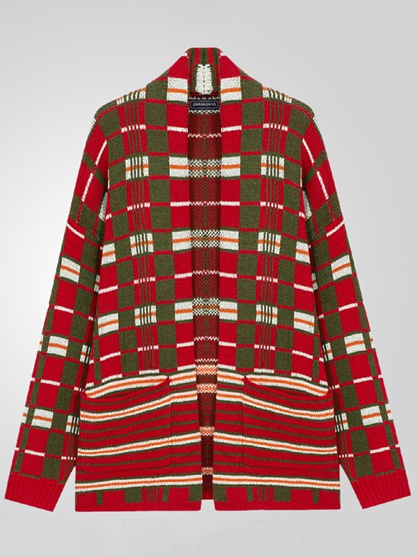 Men's Plaid Print Open Front Mid-Length Knit Cardigan