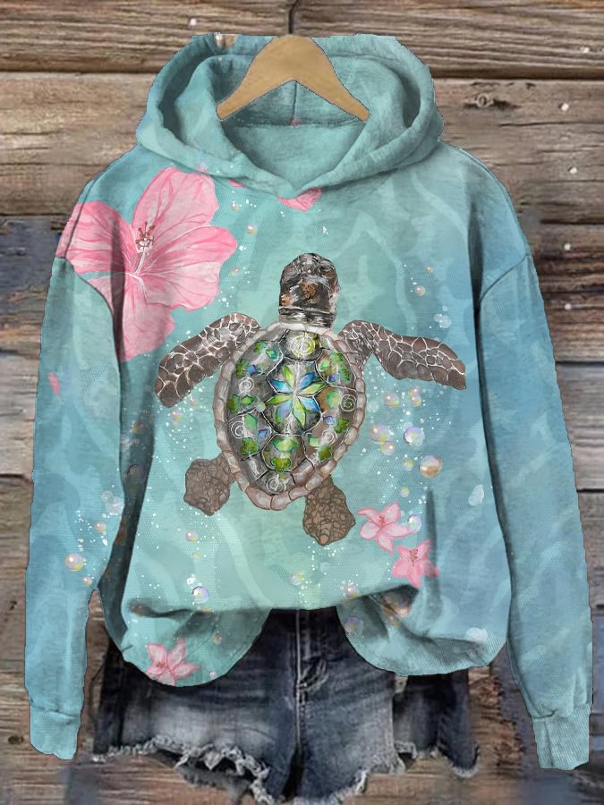 Women's Sea Turtle Floral Print Casual Hoodie