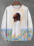 Men's Jesus In The Flower Field Watercolor Art Print Casual Sweatshirt