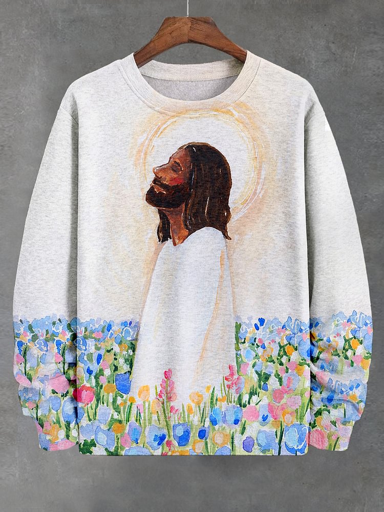 Men's Jesus In The Flower Field Watercolor Art Print Casual Sweatshirt