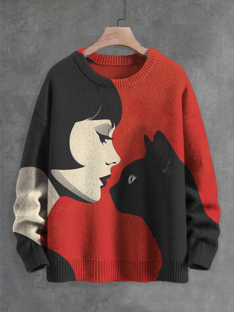 Men's Nostalgia Cat Female Profile Art Print Knit Sweatshirt