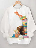 Women's Black Girl Reading And Cat Art Print Casual Sweatshirt