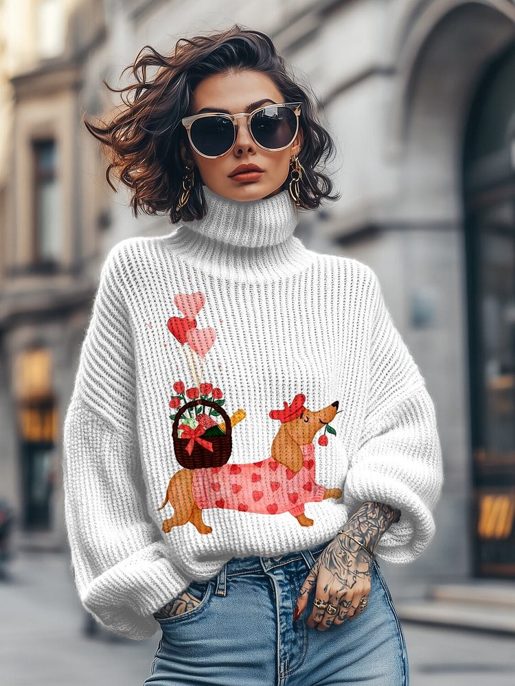 Women's Dachshund Sending Flower Basket Print High Neck Knit Sweatshirt