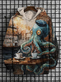 Men's Retro Octopus In The Cafe Watercolor Art Print Hooded Sweatshirt