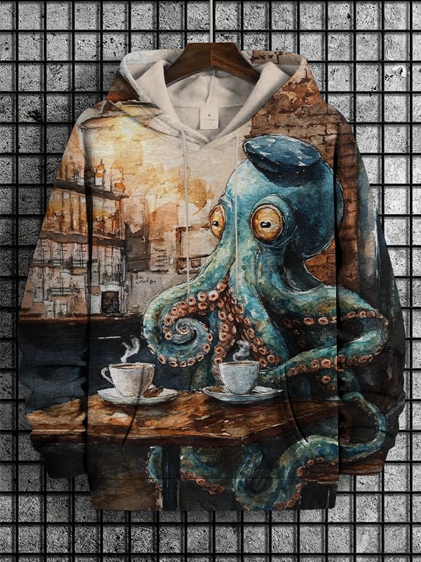 Men's Retro Octopus In The Cafe Watercolor Art Print Hooded Sweatshirt