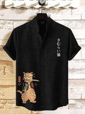 Men's Japanese Sushi Samurai Cat Print Casual Linen Blend Shirt