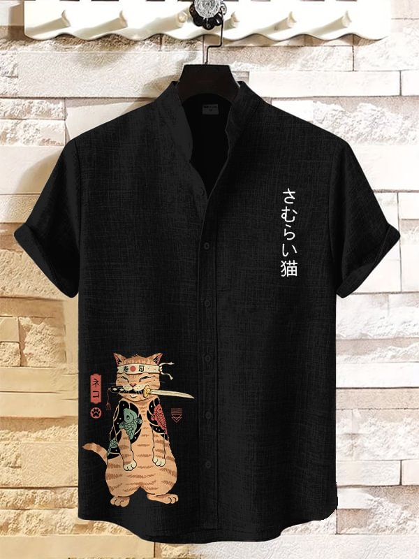 Men's Japanese Sushi Samurai Cat Print Casual Linen Blend Shirt