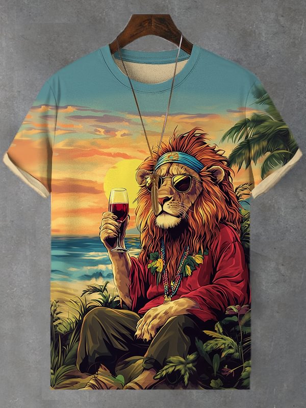 Men's Reggae Soul Lion Drinking Red Wine At The Beach Art Print T-Shirt
