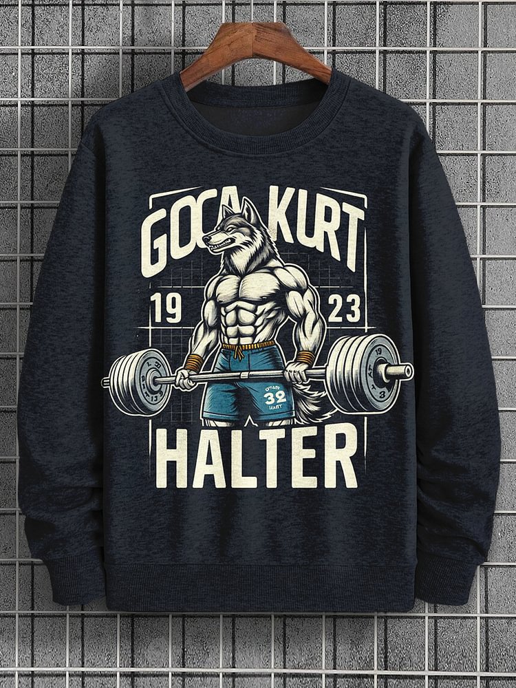 Men's Wolf Gym Weightlifting Bodybuilder Fitness Art Print Casual Sweatshirt