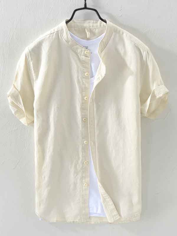 Men's Plain Short Sleeve Retro Cotton And Linen Shirt