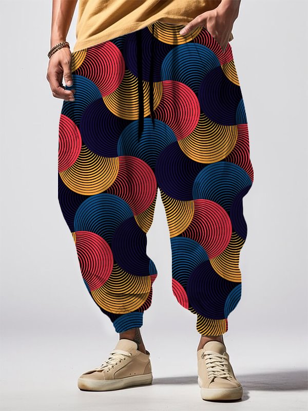 Men's Geometric Lines Combined Fan-Shaped Pattern Art Print Loose Drawstring Waist Sweatpants