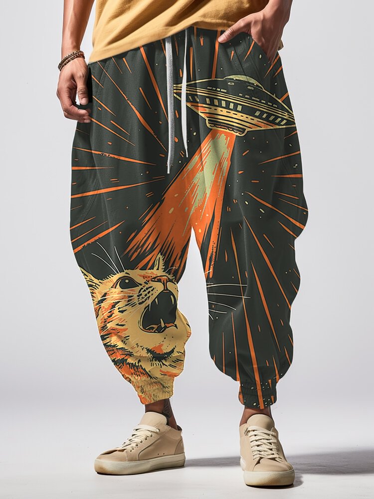Men's Retro Cat Meets UFO Future Art Print Loose Drawstring Waist Sweatpants