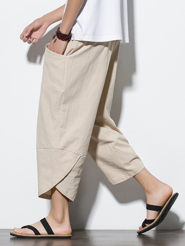 Men's Casual Pocket Drawstring Waist Wrapped Cuff Cotton Linen Crop Harem Pants