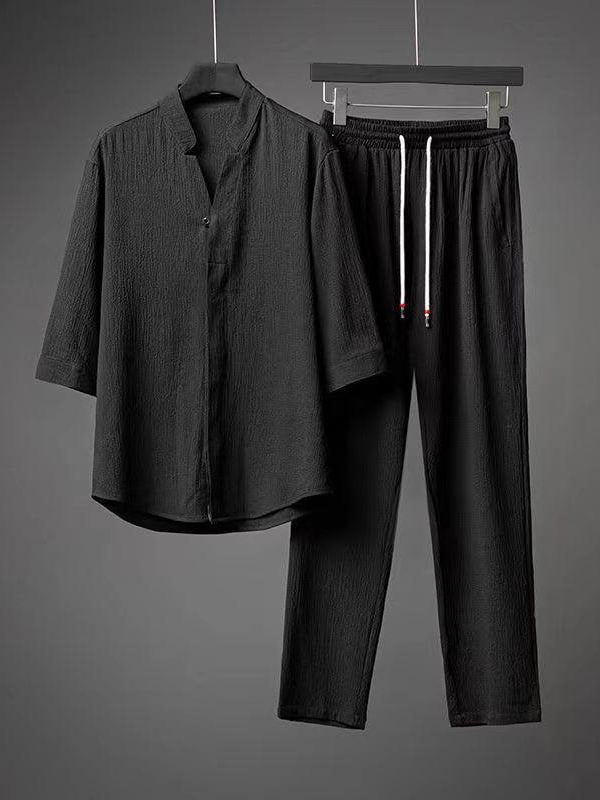 Men's Plain Linen Casual Top Drawstring Pants Matching Set