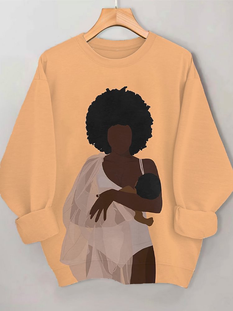 Women's Black Mother Holding Her Child Motherly Love Art Print Casual Sweatshirt