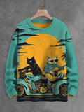 Men's Cat Playing Guitar Motorbike Art Print Knit Sweatshirt