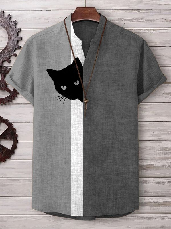Men's Fun Hide And Seek Black Cat Print V Neck T-Shirt