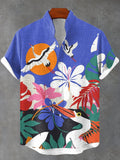 Men's Boho Hawaiian Bird Impression Art Print Short Sleeve Linen Blend Shirt