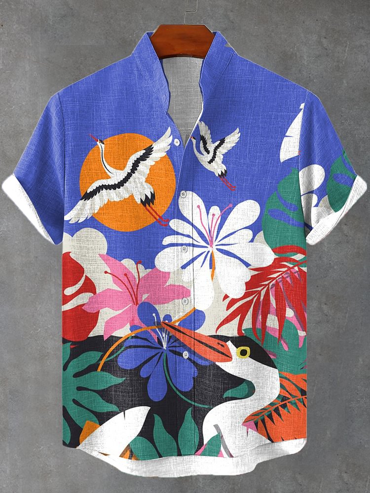 Men's Boho Hawaiian Bird Impression Art Print Short Sleeve Linen Blend Shirt
