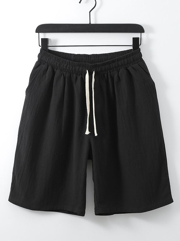 Men's Drawstring Elastic Waist Pockets Solid Color Cotton Linen Shorts