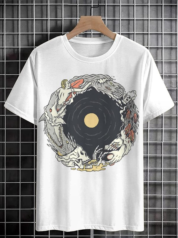 Men's Skeleton Shark Crocodile Surfing Print Cotton Casual T-Shirt