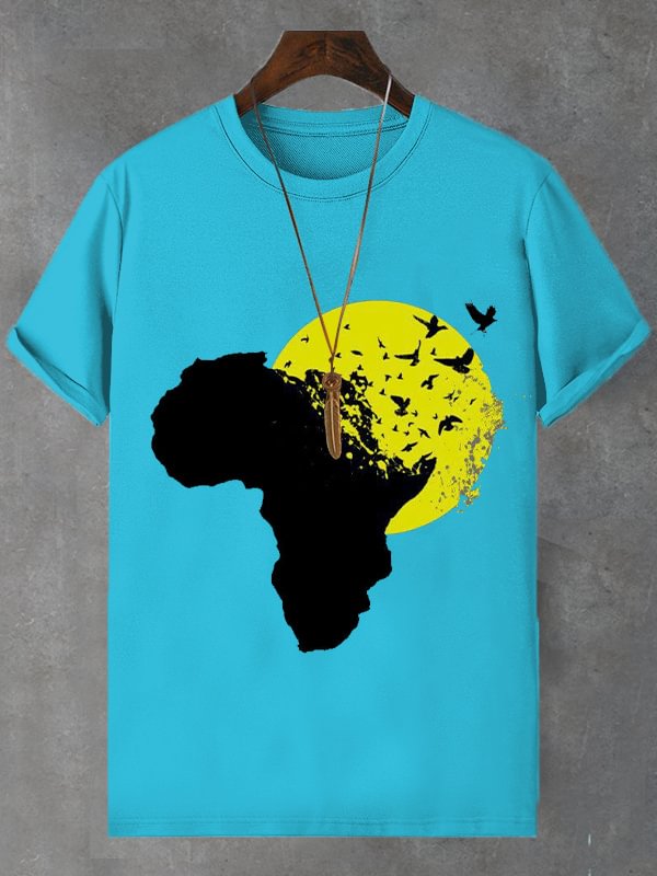 Men's Birds African Map Illustration Print Cotton Casual T-Shirt