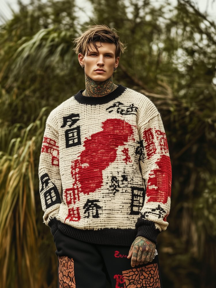 Men's Ethnic Pattern Calligraphy Japanese Art Print Knit Sweatshirt