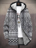 Men's Geometric Pattern Print Fleece Lined Hooded Trench Coat