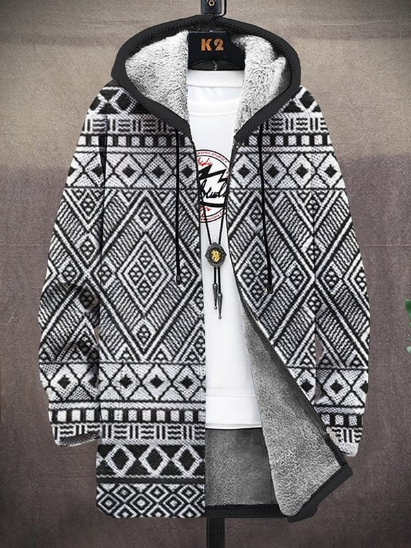 Men's Geometric Pattern Print Fleece Lined Hooded Trench Coat