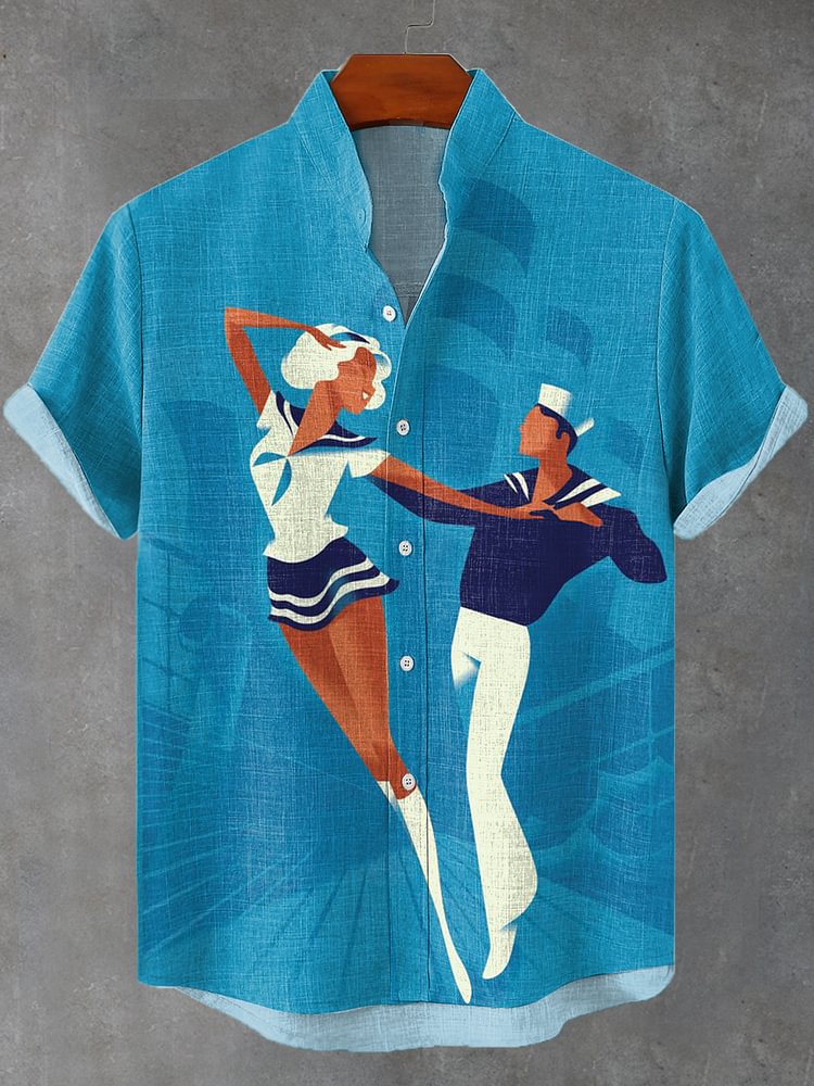 Men's Sailor Dancing Ocean Vacation Art Print Short Sleeve Linen Blend Shirt