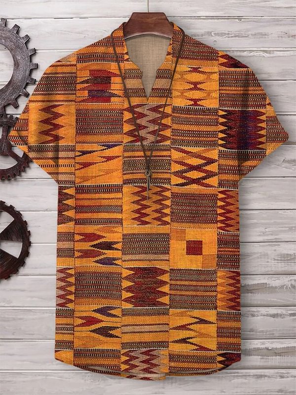 Men's African Traditional Patterns Cotton And Linen V Neck T-Shirt