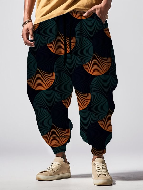 Men's Geometric Lines Combined Fan-Shaped Pattern Art Print Loose Drawstring Waist Sweatpants
