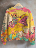 Women's Cat And Dinosaur Fantasy Art Print Knit Sweatshirt