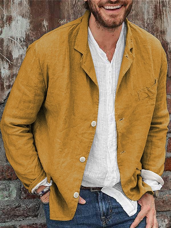 Men's Lapel Collar Button Up Long Sleeve Cotton Linen Plain Shirt