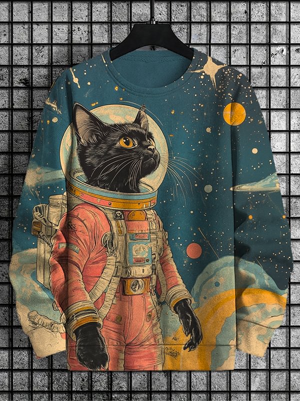 Men's Space Astronaut Cat Art Print Casual Sweatshirt