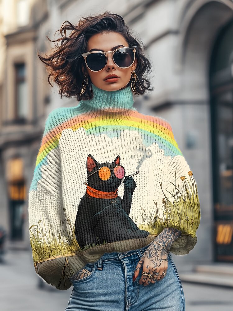 Women's Black Cat Smoking Rainbow Art Print High Neck Knit Sweatshirt