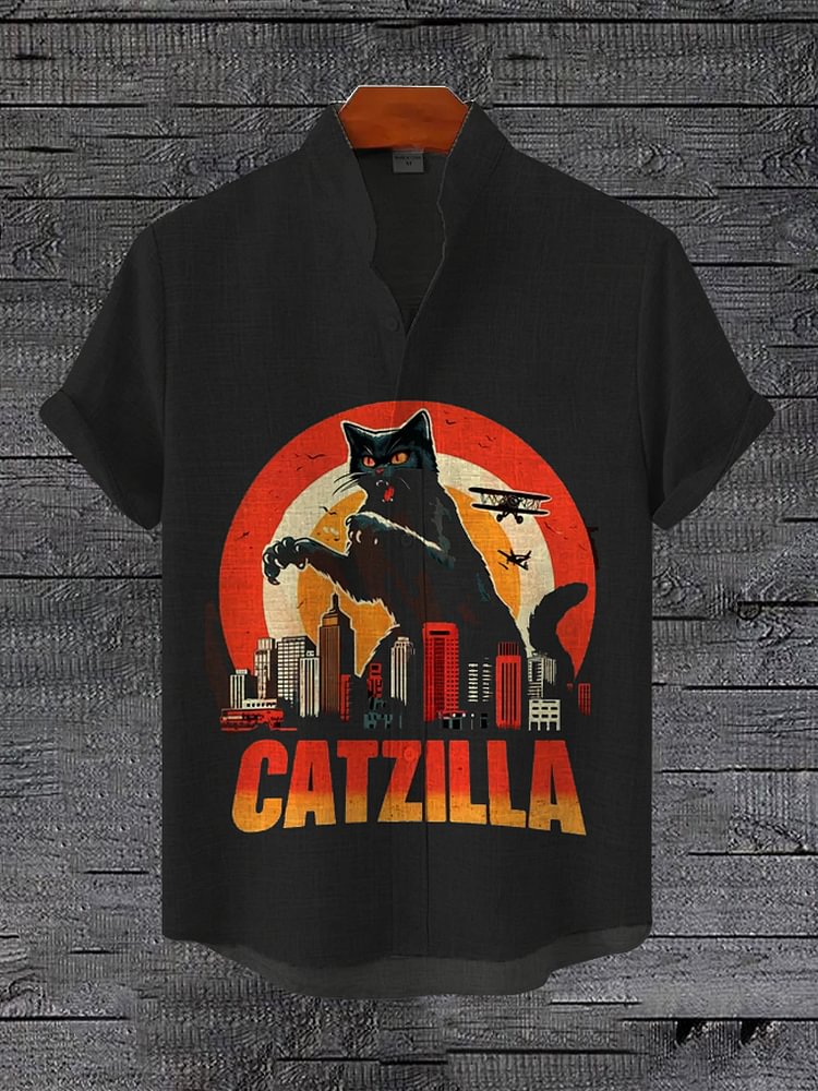 Men's Catzilla Urban Giant Black Cat Graphic Print Shirt