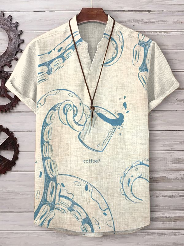 Men's Funny Octopus Coffee Art Print V Neck T-Shirt