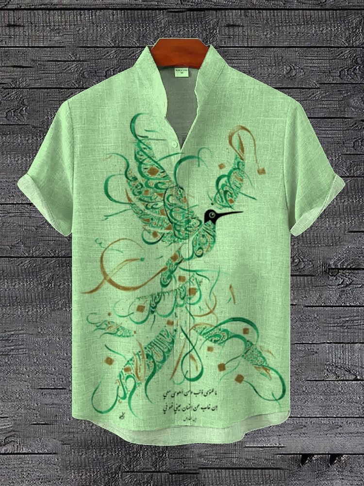 Men's Calligraphy Art Bird Pattern Print Casual Shirt