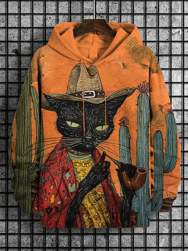 Men's Pipe Western Cowboy Black Cat Art Print Hooded Sweatshirt