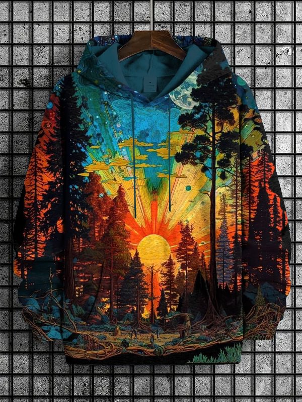 Men's Forest Sunrise Fantasy Art Print Hooded Sweatshirt