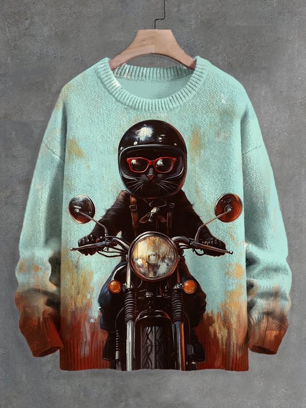 Men's Cool Black Cat Riding A Motorcycle Print Knit Sweatshirt