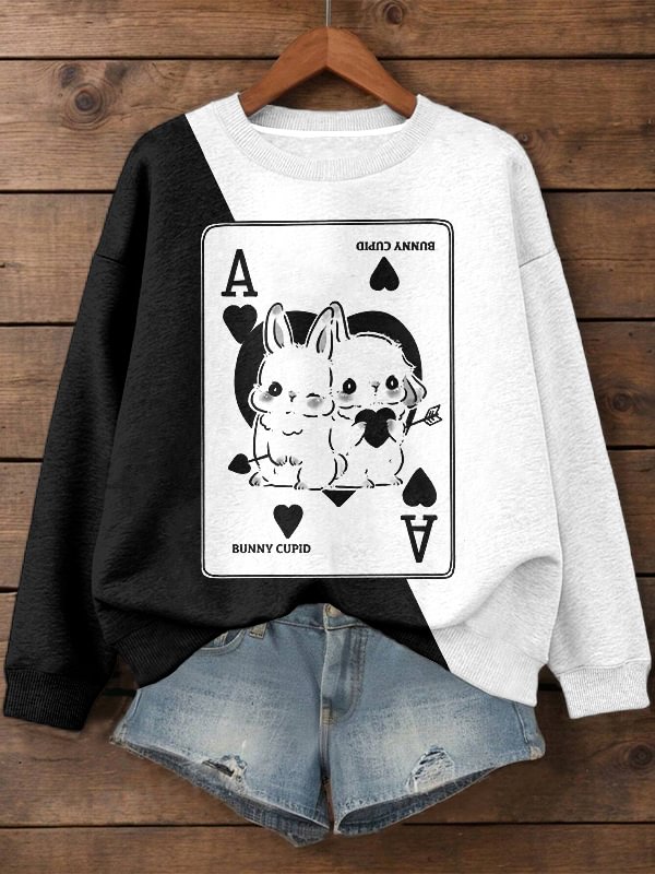 Women's Bunny Cupid Poker Print Casual Sweatshirt