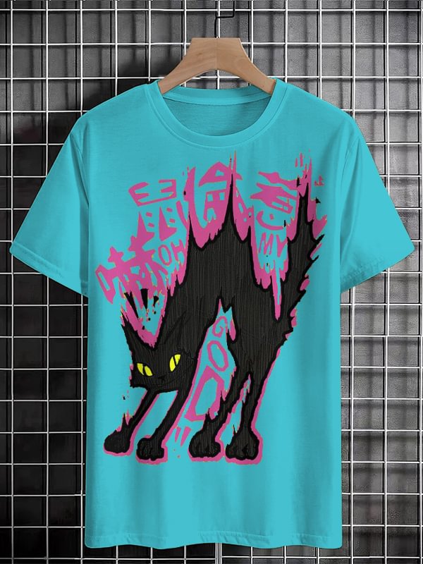 Men's Scared Black Cat Graphic Print Cotton Casual T-Shirt